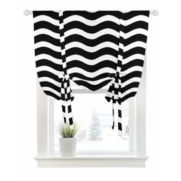 Imagem de Cortinas de amarrar para janelas listras pretas e brancas com bolso para varão de amarrar persiana de janela com balão ajustável saia abstrata arte ondulada de água para quarto, cozinha, banheiro,