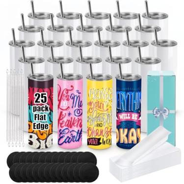 Imagem de Joyclub Pacote com 25 copos de sublimação de 590 ml, copos brancos de borda plana skinny com tampa e canudo para prensa térmica