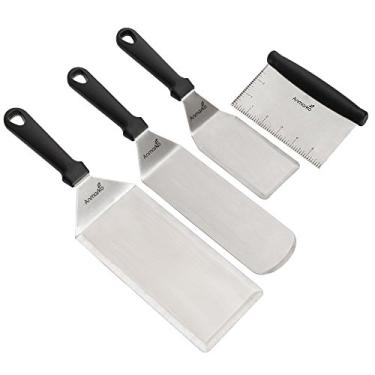 Imagem de Conjunto de acessórios de chapa de espátula de metal - raspador de chapa plana espátula de panqueca flipper hambúrguer - utensílio de metal ótimo para churrasqueira, chapa de ferro fundido de topo