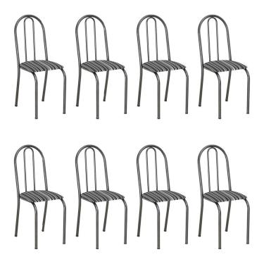 Imagem de Kit 8 Cadeiras De Cozinha Califórnia Estampado Preto Listrado Pés De Ferro Preto