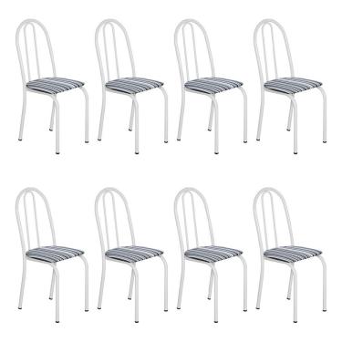 Imagem de Kit 8 Cadeiras De Cozinha Califórnia Estampado Preto Listrado Pés De Ferro Branco