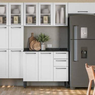 Imagem de Cozinha Compacta Em Aço 4 Peças 13 Portas Sendo 5 Com Vidro 2 Gavetas Branco Neve