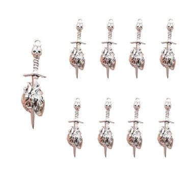 Imagem de 20 peças de berloques de espada de coração de diabo tibetano através do coração, colar de espada de caveira punk em massa gótico, pingentes de esqueleto de caveira para fazer colar, chaveiro