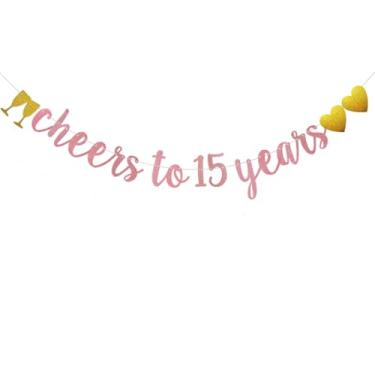 Imagem de Banner Cheers to 15 Years, pré-amarrado, faixa de papel com glitter ouro rosa para suprimentos de decorações de festa de aniversário de 15 anos/casamento, sem necessidade de montagem, letras ouro rosa
