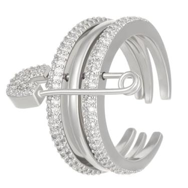 Imagem de Anéis abertos empilháveis com pino de segurança CZ em camadas para mulheres, moderno, banhado a ouro, prata, dois tons, zircônia cúbica, pavimentada, noivado, compromisso, anéis, design exclusivo