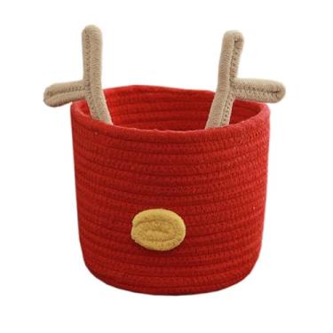Imagem de Cesta de cobertor de Natal com chifres – pequena caixa de armazenamento de corda de algodão para lanches de férias, brinquedos de mesa, maquiagem ou presentes, vermelho
