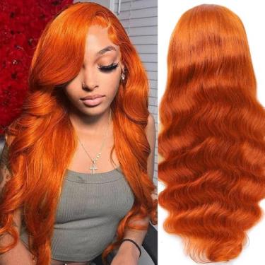 Imagem de Hiyoker Peruca De Renda Frontal Ruiva Laranja 32" Com Cabelo Humano Pré-Depilado, Hd 12A, Densidade 200, 13X4 Frontal, 88J, Cor Colorida, Onda Corporal