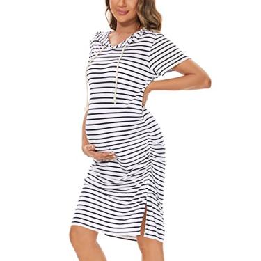 Imagem de WOOXIO Vestido feminino com capuz para gestantes, manga curta, fenda lateral, franzido, Listras marinhas brancas, GG