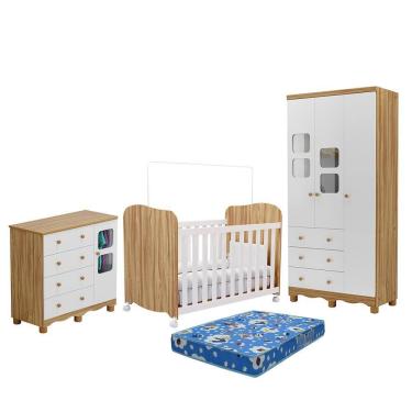Imagem de Dormitório Uli Guarda Roupa 3 Portas, Cômoda e Berço com Colchão Baby Physical - Móveis Peroba