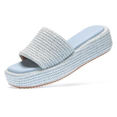 Imagem de Monrovia Sandálias de plataforma femininas ráfia, alpargatas de vime, escorregadores de cunha baixa, sapatos de férias de palha de verão, sandálias de praia confortáveis em rattan, sandálias de praia