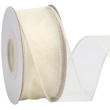 Imagem de Zofrud Fita com fio de organza marfim de 3,5 cm – Fita transparente de 20 metros com borda metálica para embrulho de presente, laços, arranjos florais, artesanato e decorações de casamento