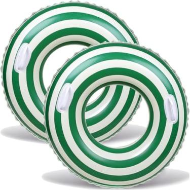 Imagem de Boias infláveis de piscina para adultos - pacote com 2 boias de piscina verdes listradas, tubos de piscina com alças, boia inflável para piscina, festa, lago praia, adultos (verde, 120)