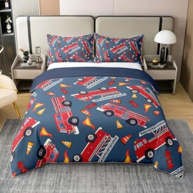 Imagem de Jogo de cama solteiro de caminhão de bombeiros, veículos de resgate, para meninos, desenho animado, bombeiro, 100% algodão, capa de edredom com 1 fronha (não edredom)