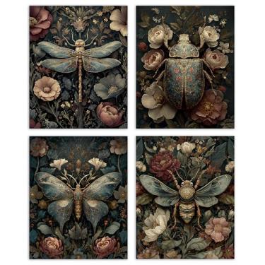 Imagem de AEHIE Pôster de parede vintage gótico floral libélula abelha borboleta besouro para decoração de casa, sala de estar, quarto, decorações botânicas florais temperamentais rústico, arte de parede, sem