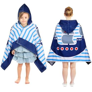 Imagem de ZJRDYYK Toalhas de banho infantis com capuz, toalha de praia de microfibra macia e absorvente, poncho de praia de secagem rápida para meninos e meninas de 3 a 12 anos (navio pirata azul-marinho - 127
