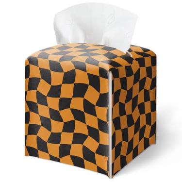 Imagem de Capa de caixa de lenços de xadrez ondulada colorida, capa de caixa de lenços xadrez de Halloween quadrada à prova d'água, decoração de mesa para sala de estar, escritório, decoração de casa estética