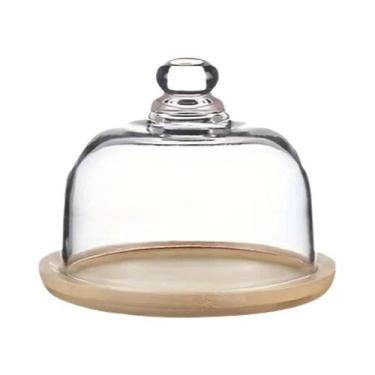 Imagem de Suporte De Bolo De Bambu Com Tampa De Vidro Transparente À Prova De Po