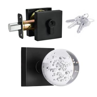 Imagem de HIEMEY Conjunto de maçanetas redondas de cristal de vidro transparente e fechadura de cilindro único preto fosco