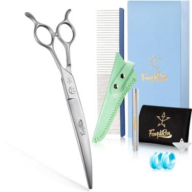 Imagem de Fengliren Tesoura curvada profissional de alta qualidade para cuidados com cães de 19 cm extremamente afiada feita de liga de aço inoxidável à mão para tosador de cães e gatos