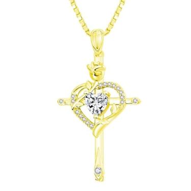 Imagem de CupidGift Colar de cruz para mulheres, banhado a ouro 14 K, banhado a ouro 18K, delicado coração, pedra do mês de nascimento, rosa, joias diárias, batismo, fé, aniversário, Natal, presentes de