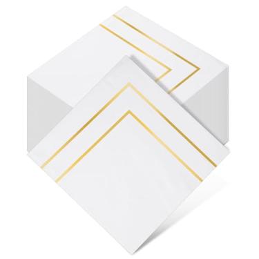 Imagem de 200 guardanapos de papel branco com borda dourada, guardanapos descartáveis de coquetel de 2 camadas guardanapos de jantar macios para festa de casamento, aniversário, chá de bebê nupcial