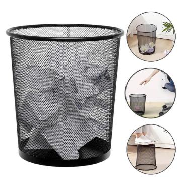 Imagem de Lixeira Escritorio Cesto Redondo Metal Aramado Grande 12 Litros Telado Casa Quarto Multiuso Preto