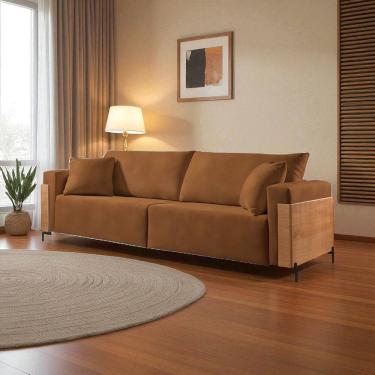 Imagem de Sofá Fixo Heitor 3 Lugares Luxo Pé de Metal 2,20m Castellar Móbile Sintético Caramelo