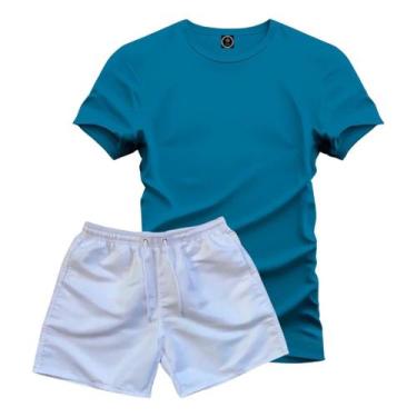 Imagem de Conjunto Camiseta 100% Algodão Lisa + Short Tactel Branco - Hs, Azul, 