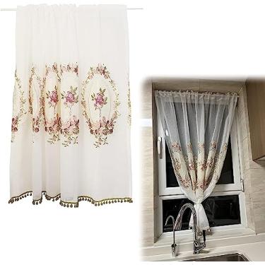 Imagem de Cortina de cozinha curta cortina de porta estilo rural meia cortina de renda de cozinha, 1 peça, cortina de saia de janela bordada, filtragem de luz/privacidade/à prova de poeira, L 100 x A 85 cm