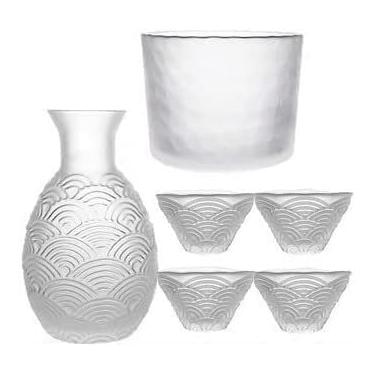 Imagem de Conjunto tradicional de saquê, conjunto de saquê de vidro com 6 peças, garrafa de saquê de 330 ml e 4 copos de saquê (30 ml cada) 1 tanque de saquê, garrafa de saquê fria/quente/quente, artesanato