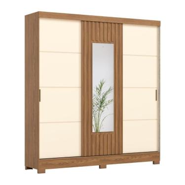 Imagem de Guarda Roupas Casal 3 Portas De Correr Com Espelho Ripado 2 Gavetas Lotus Madeirado/off White