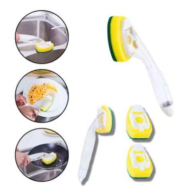 Imagem de Esponja com Cabo Dispenser para Detergente Lava Louça Cozinha Com 2 Re
