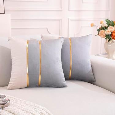 Imagem de TAOSON Capas de almofada de veludo, pacote com 2 capas de almofada decorativas macias, retalhos cinza bege com couro dourado para sofá, quarto, sala de estar, carro, 50 x 50 cm