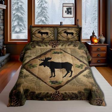 Imagem de Conjunto de edredom com estampa de alce de fazenda, estilo rústico, silhueta de animal selvagem, pinhas, folhas verdes, conjunto de edredom com 2 fronhas, tamanho casal, 3 peças