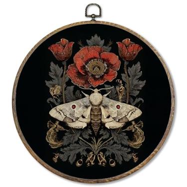 Imagem de FUGWN Decoração de parede redonda de mariposa floral vintage emoldurada, impressões de arte em tela floral de mariposa temperamental, decoração de parede botânica de flor escura Academia para casa