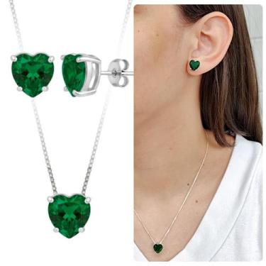 Imagem de Kit Colar Brinco Prata Coração Verde Escuro Banhado Zircônia - Morgani