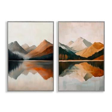 Imagem de Stupell Industries Terracotta Reflections Mountains and Lake Conjunto de arte giclée emoldurado cinza 2 peças, design por Petal Prints Design, 18 x 12