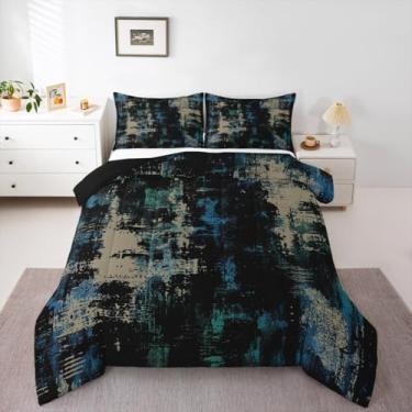 Imagem de Feelyou Conjunto de edredom abstrato, moderno, arte abstrata, conjunto de cama com 2 fronhas, microfibra azul e preta, roupa de cama queen para decoração de quarto geométrico, respirável, macio e leve