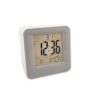 Imagem de Relógio Despertador Mini Multifuncional com Display LCD, Luz Noturna e 8 Toques Diferentes – Portátil e Econômico Alimentado por pilhas com Sensor Inteligente Som e Função Touch (Branco)