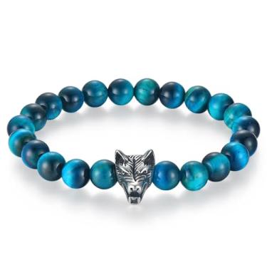 Imagem de RGEMCY Pulseira masculina de olho de tigre de 8 mm com detalhes em pedra relâmpago, com pingente de cabeça de lobo de aço inoxidável, pulseira elástica estilo viking, 8.27Inches, Olho de tigre Ágata