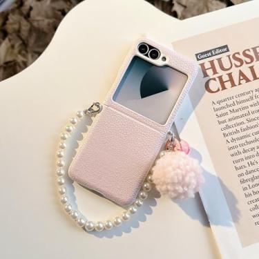 Imagem de Capa articulada em couro genuíno com estampa de lichia para Samsung Z Flip 3 4 5 6 7 5g Flip5 Flip6 (Para Z Flip 5/Rosa)