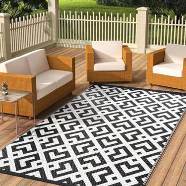 Imagem de HGTRH Tapete de área externa acampamento com ilhós, tapete de varanda impermeável ao ar livre reversível tapete de palha de plástico para trailer ao ar livre tapete de palha de plástico dobrável