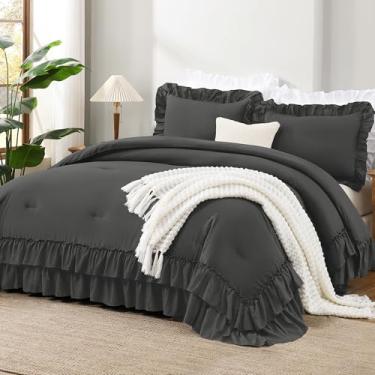 Imagem de Andency Conjunto de edredom super king plus com babados, 128 x 120, 3 peças grossas, casa de fazenda, chique, leve, grande, grande, Califórnia (1 edredom e 2 fronhas), cinza escuro