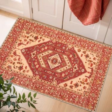 Imagem de SERISSA Tapetes Boho para entrada, 5 x 7 cm, vermelho, bege, antiderrapante, lavável, tapete de área pequena, ultramacio, oriental, vintage, camada baixa, tapete para entrada, quarto, cozinha