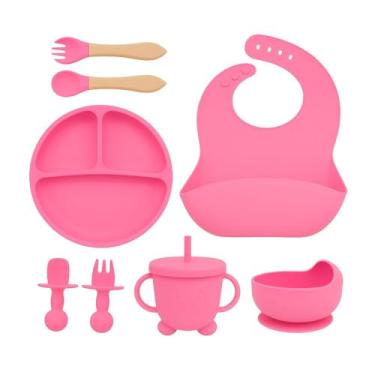 Imagem de Kit Introdução Alimentar Bebe 8 Peças 100% Seguro Livre de BPA Antibacteriano Prato + 2 Talheres Silicone + 2 Talheres Cabo de Madeira Sem Pontas + Bowl Babador Copo (Rosa)