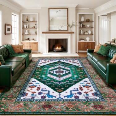 Imagem de SERISSA Tapetes de área de 22 x 30 cm para sala de estar, tapete boêmio grande lavável, antiderrapante, ultramacio, vintage, verde, branco, estampa oriental, para sala de jantar, quarto, dormitório