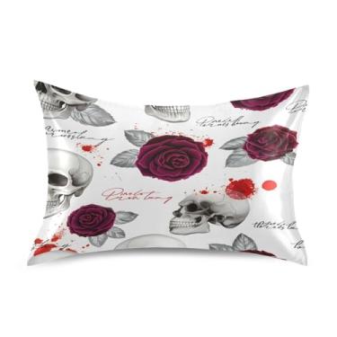 Imagem de Qilmy Fronhas de cetim caveiras com rosas, capa de almofada de seda respirável macia com fecho de envelope para sofá-cama e sofá, tamanho Queen 76 x 50 cm