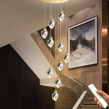 Imagem de Lustre de cristal LED regulável, elegante, em espiral dourada, com cristais transparentes. Luminária de teto embutida, pendente para escada, ideal para sala de estar, quarto e sala de jantar