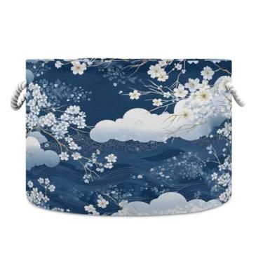 Imagem de JUZIHAI Cesta de armazenamento dobrável com padrão azul e branco, cesto de roupa suja para bebê, cobertor com alças de corda de algodão, caixa organizadora de armário dobrável para quarto, berçário