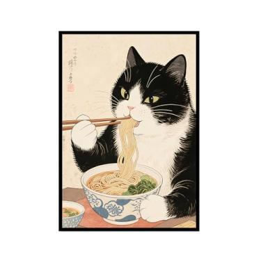 Imagem de Arte de parede em tela de gato preto engraçado vintage japonês gato comendo ramen imagem única amante de gatos para decoração de parede de cozinha e sala de jantar (SKU2,20,3x30,5 cm = (20 x 30 cm